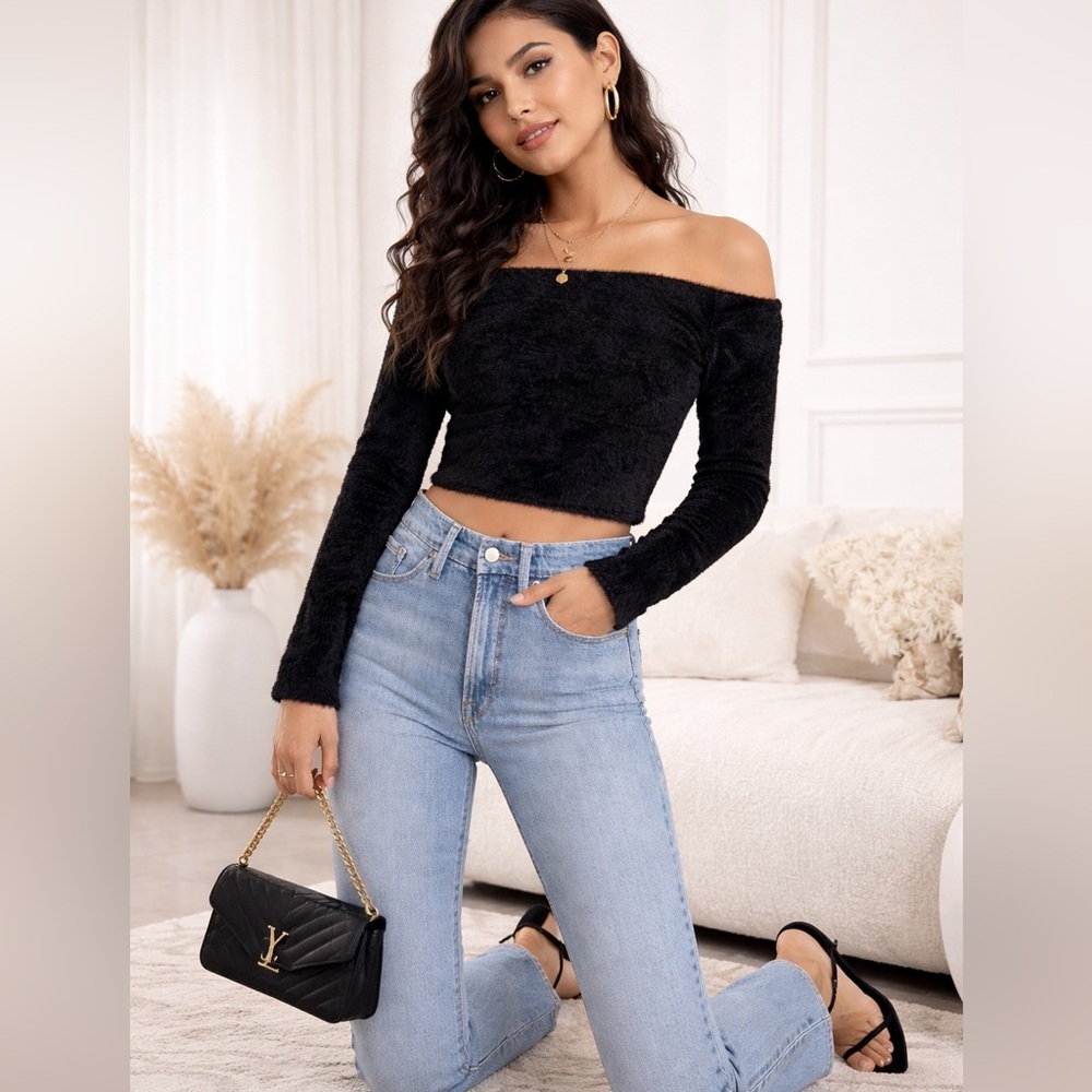 Good American Black Fuzzy Crop Sweater NWT L Cozy Soft Glam Chic